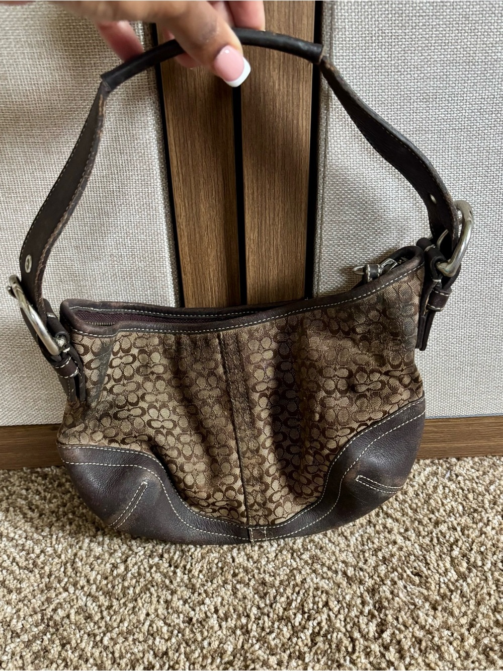 Coach 6351 Brown Signature Canvas Boho Mini Shoulder Bag Dark Brown Leather Trim